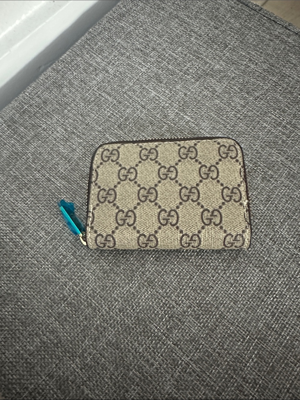 Beige Monogram Zip Card Holder with Brown Trim